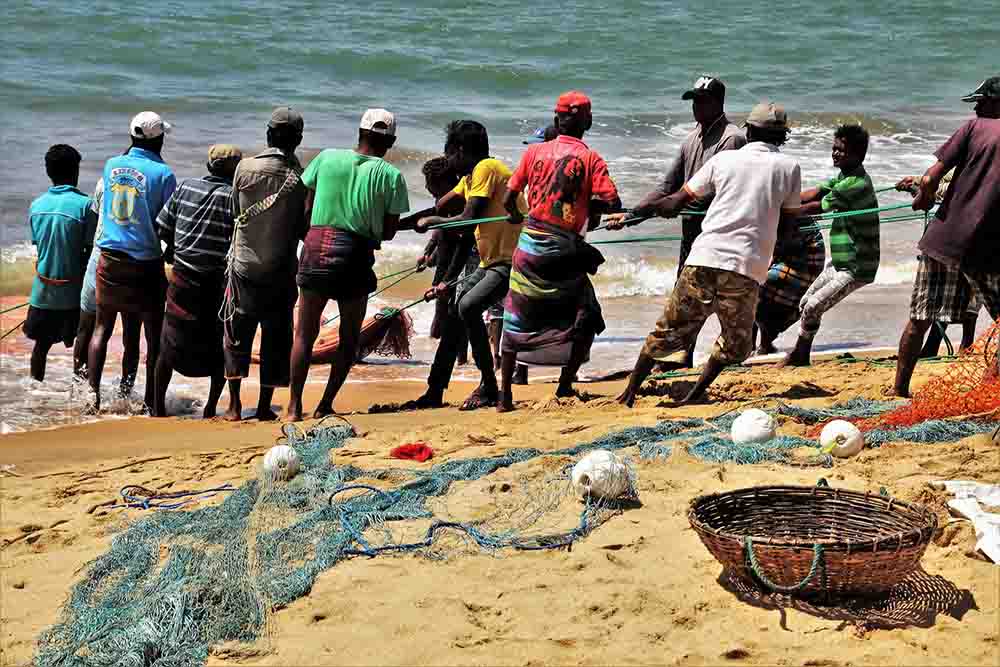 carring fish net to the shore